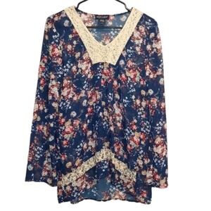 About a Girl Navy Floral Sheer Blouse Lace Bell Sleeve S Boho Cottagecore EUC